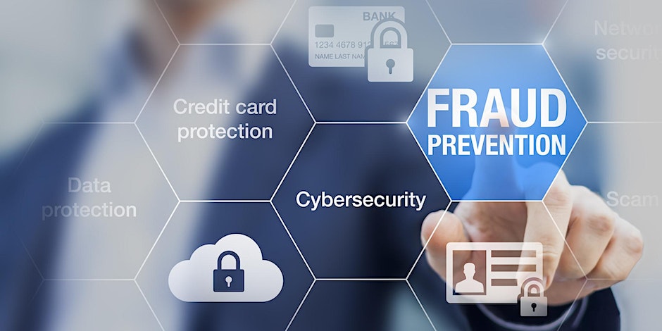 translucent honeycomb graphic with person pointing at Fraud Prevention from behind