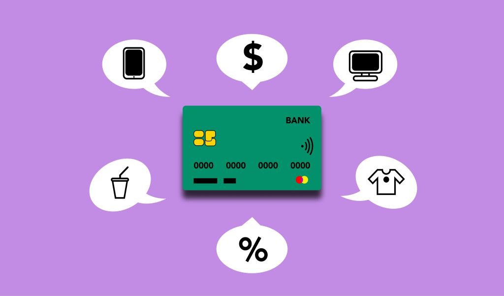 Credit card with thought bubbles with icons in them including a phone, dollar sign, pc, drink, shirt, and percentage